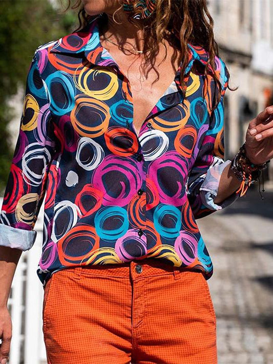 Women's Blouses Printed Lapel Button Long Sleeve Blouse - LuckyFash™