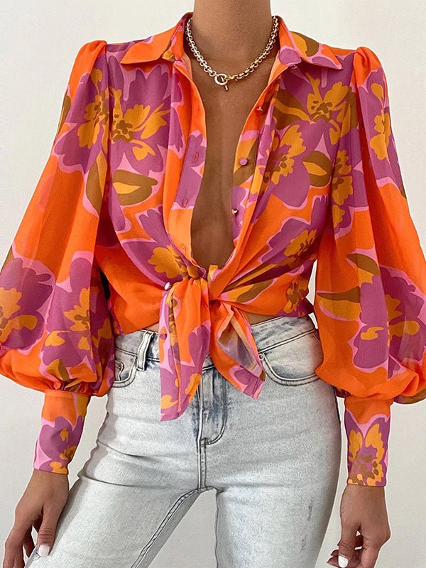 Women's Blouses Printed Lapel Puff Long Sleeve Blouse - LuckyFash™