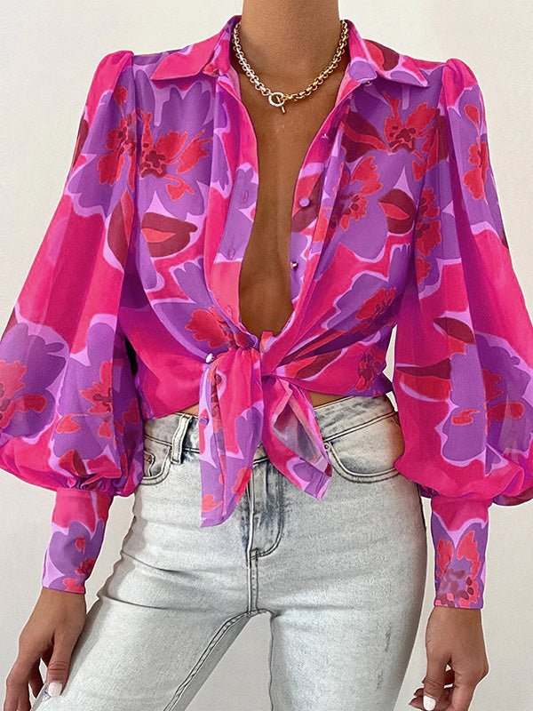 Women's Blouses Printed Lapel Puff Long Sleeve Blouse - LuckyFash™