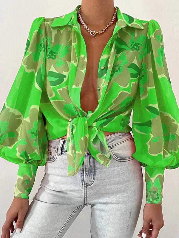 Women's Blouses Printed Lapel Puff Long Sleeve Blouse - LuckyFash™