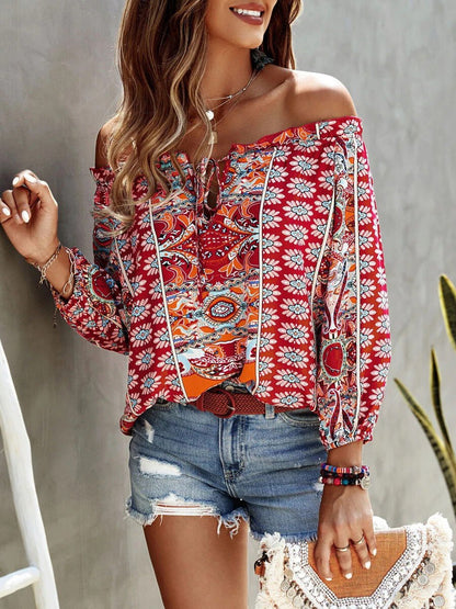 Women's Blouses Printed One-Shoulder Long Sleeve Blouse - LuckyFash™