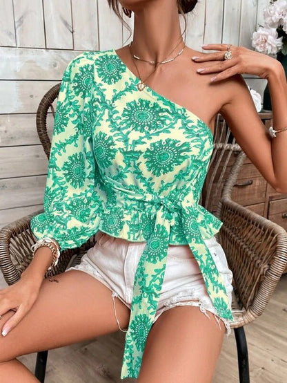 Women's Blouses Printed One-Shoulder Sleeve Ruffle Tie Blouse - LuckyFash™