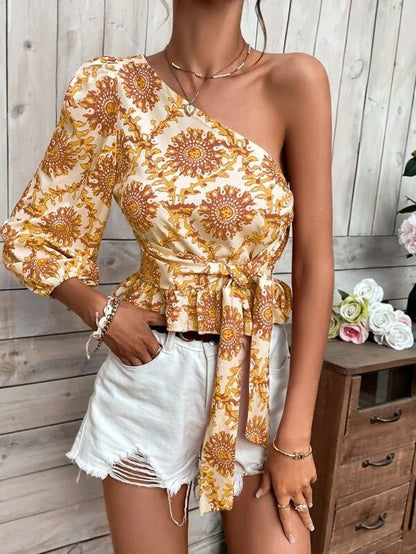 Women's Blouses Printed One-Shoulder Sleeve Ruffle Tie Blouse - LuckyFash™