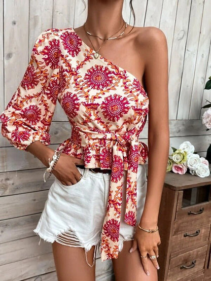 Women's Blouses Printed One-Shoulder Sleeve Ruffle Tie Blouse - LuckyFash™