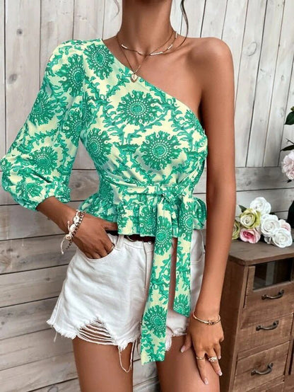 Women's Blouses Printed One-Shoulder Sleeve Ruffle Tie Blouse - LuckyFash™