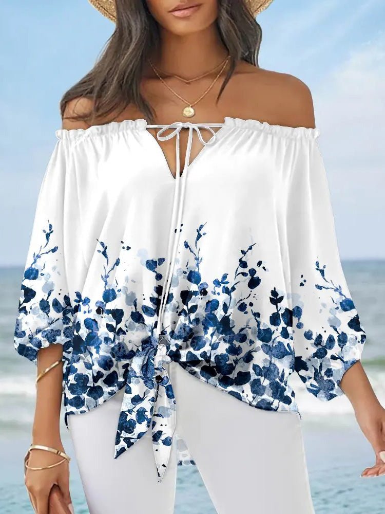 Women's Blouses Printed One-Shoulder Tie Long Sleeve Blouse - LuckyFash™