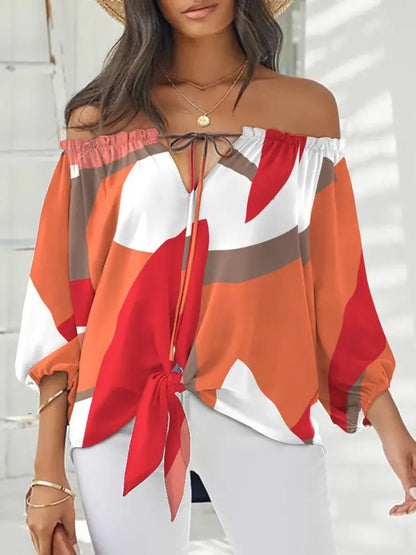 Women's Blouses Printed One-Shoulder Tie Long Sleeve Blouse - LuckyFash™