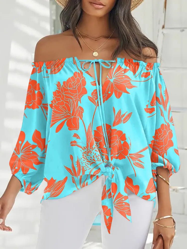 Women's Blouses Printed One-Shoulder Tie Long Sleeve Blouse - LuckyFash™