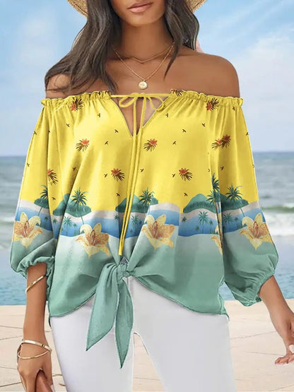 Women's Blouses Printed One-Shoulder Tie Long Sleeve Blouse - LuckyFash™