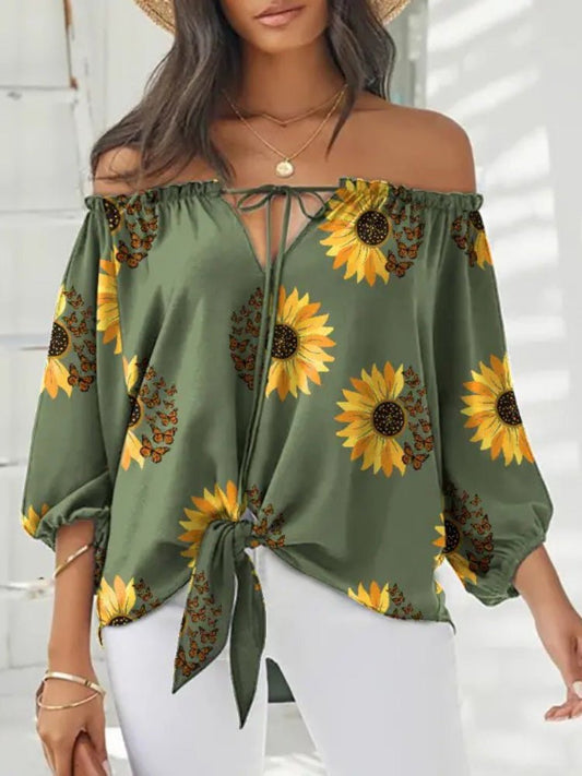 Women's Blouses Printed One-Shoulder Tie Long Sleeve Blouse - LuckyFash™