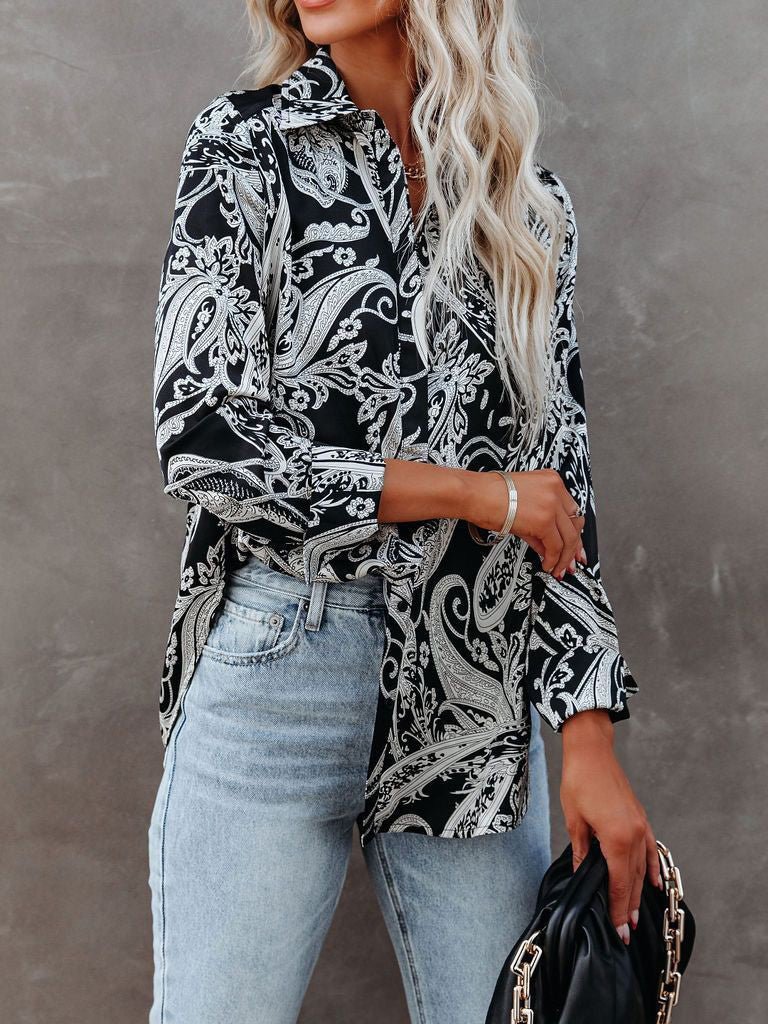 Women's Blouses Printed Stand Collar Button Long Sleeve Blouse - LuckyFash™