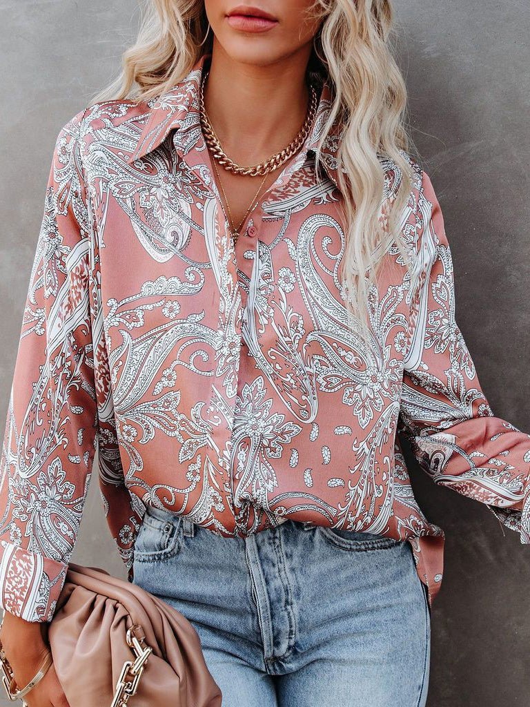 Women's Blouses Printed Stand Collar Button Long Sleeve Blouse - LuckyFash™