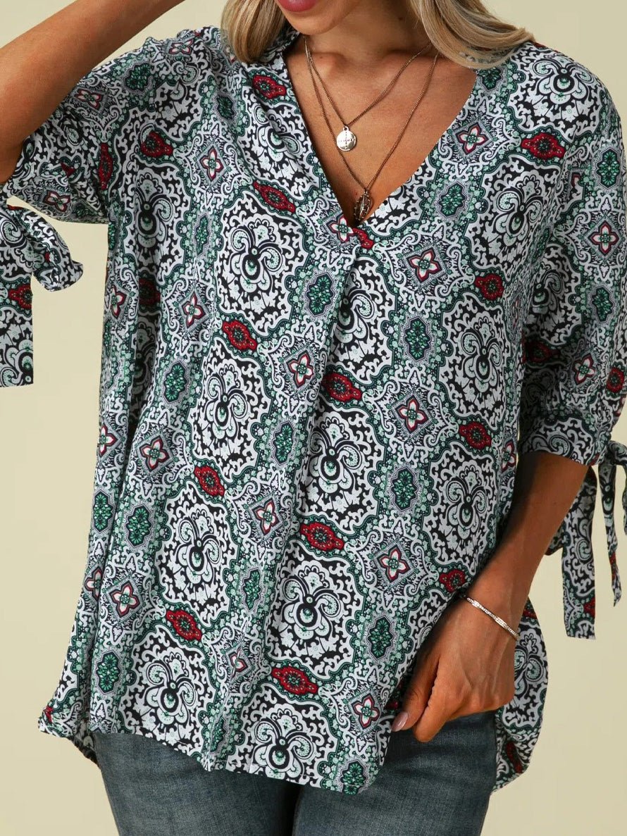 Women's Blouses Printed Stand Collar Mid-Sleeves Knotted Blouse - LuckyFash™