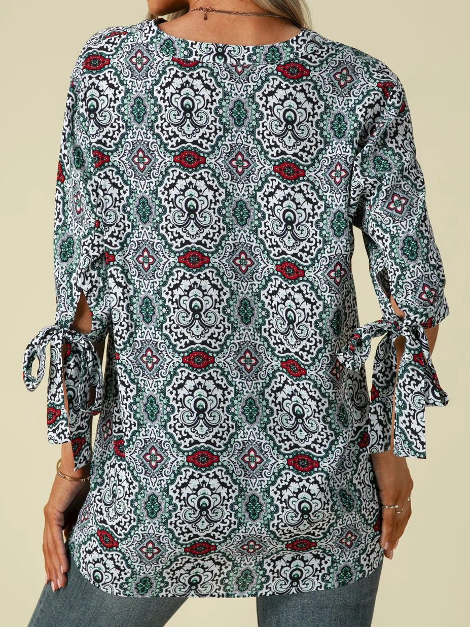 Women's Blouses Printed Stand Collar Mid-Sleeves Knotted Blouse - LuckyFash™