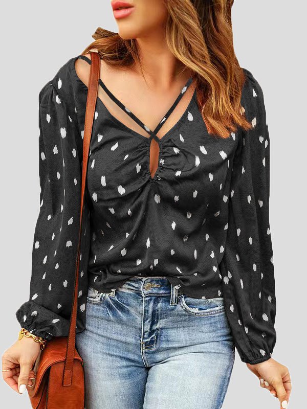 Women's Blouses Printed V-Neck Cross Long Sleeve Blouse - LuckyFash™