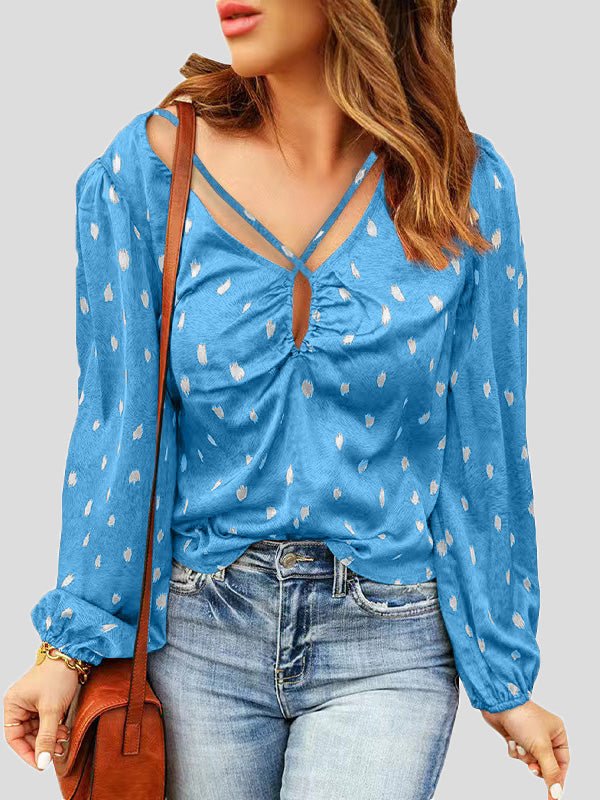 Women's Blouses Printed V-Neck Cross Long Sleeve Blouse - LuckyFash™