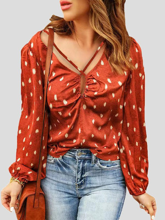 Women's Blouses Printed V-Neck Cross Long Sleeve Blouse - LuckyFash™