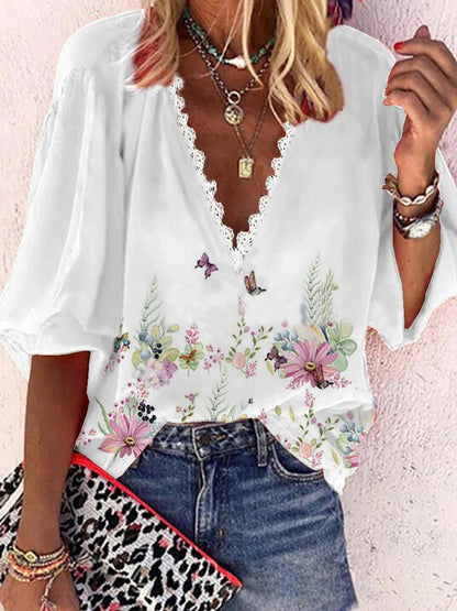 Women's Blouses Printed V-Neck Lace Mid Sleeve Blouse - LuckyFash™