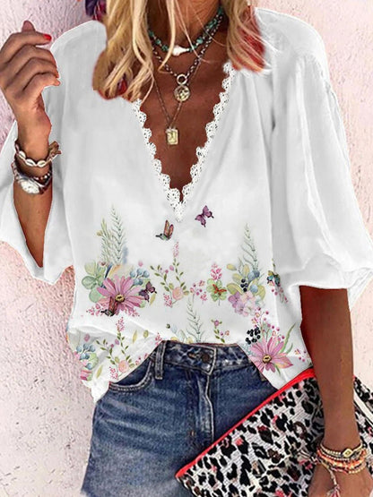 Women's Blouses Printed V-Neck Lace Mid Sleeve Blouse - LuckyFash™