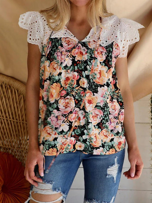 Women's Blouses Printed V-Neck Lace Panel Casual Blouse - LuckyFash™