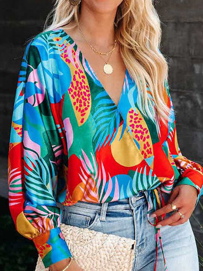 Women's Blouses Printed V-Neck Long Sleeve Casual Blouse - LuckyFash™