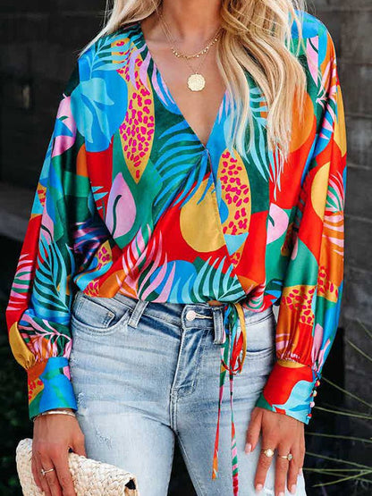 Women's Blouses Printed V-Neck Long Sleeve Casual Blouse - LuckyFash™