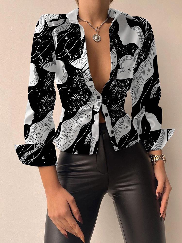 Women's Blouses Printed V-Neck Long Sleeve PU Leather Blouse - LuckyFash™