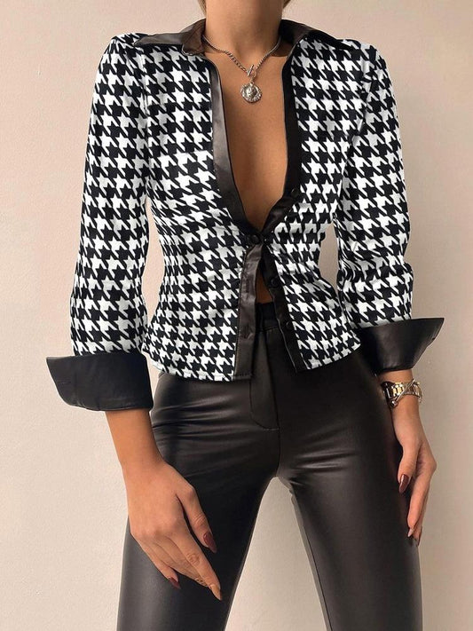 Women's Blouses Printed V-Neck Long Sleeve PU Leather Blouse - LuckyFash™