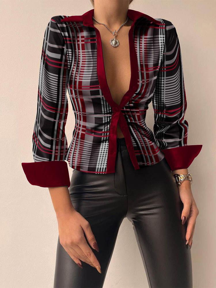 Women's Blouses Printed V-Neck Long Sleeve PU Leather Blouse - LuckyFash™