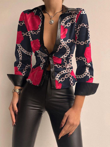 Women's Blouses Printed V-Neck Long Sleeve PU Leather Blouse - LuckyFash™