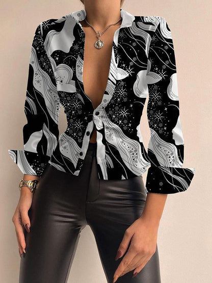 Women's Blouses Printed V-Neck Long Sleeve PU Leather Blouse - LuckyFash™