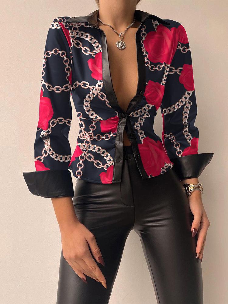 Women's Blouses Printed V-Neck Long Sleeve PU Leather Blouse - LuckyFash™