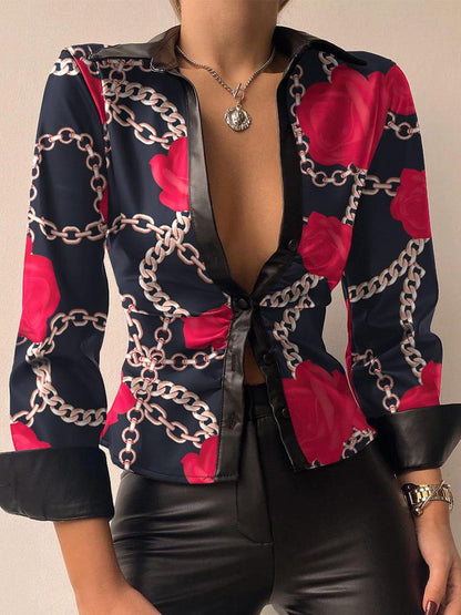 Women's Blouses Printed V-Neck Long Sleeve PU Leather Blouse - LuckyFash™