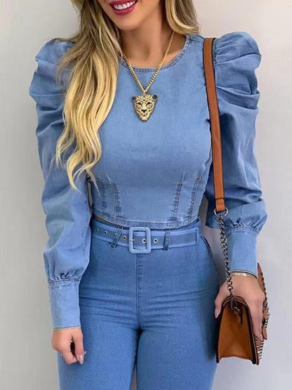 Women's Blouses Puffy Sleeve Denim Long Sleeve Crop Blouse - LuckyFash™