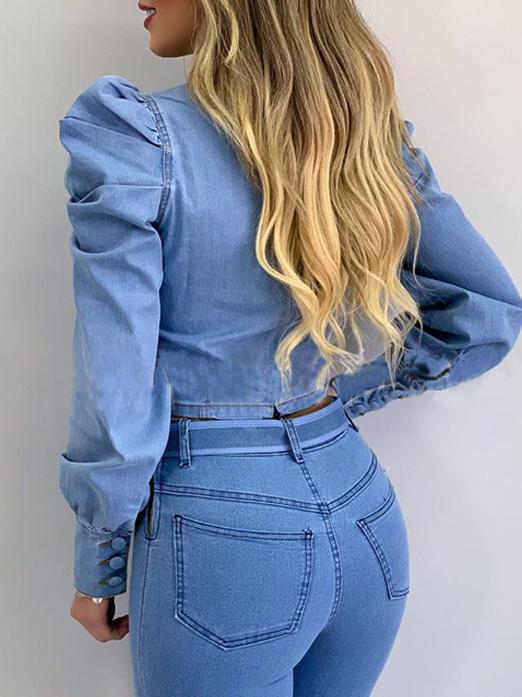 Women's Blouses Puffy Sleeve Denim Long Sleeve Crop Blouse - LuckyFash™