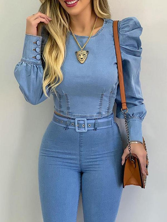 Women's Blouses Puffy Sleeve Denim Long Sleeve Crop Blouse - LuckyFash™