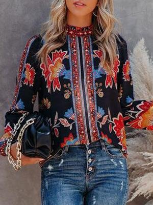 Women's Blouses Retro Print Lantern Long Sleeve Casual Blouse - LuckyFash™