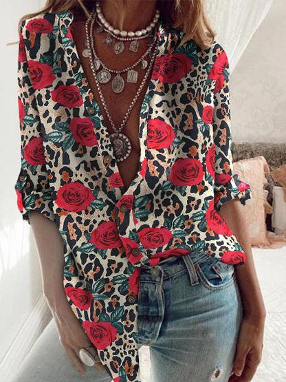 Women's Blouses Rose Flower Long Sleeve Stand Collar Blouse - LuckyFash™