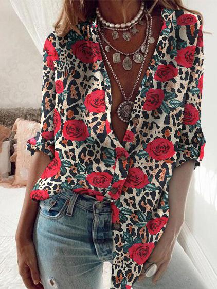 Women's Blouses Rose Flower Long Sleeve Stand Collar Blouse - LuckyFash™