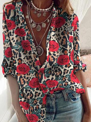 Women's Blouses Rose Flower Long Sleeve Stand Collar Blouse - LuckyFash™