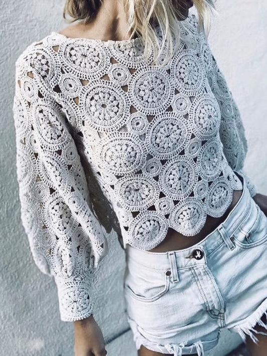 Blouses Round Neck Hollow Lantern Long Sleeve Lace Blouse - LuckyFash™