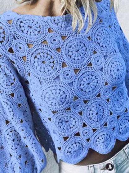 Blouses Round Neck Hollow Lantern Long Sleeve Lace Blouse - LuckyFash™