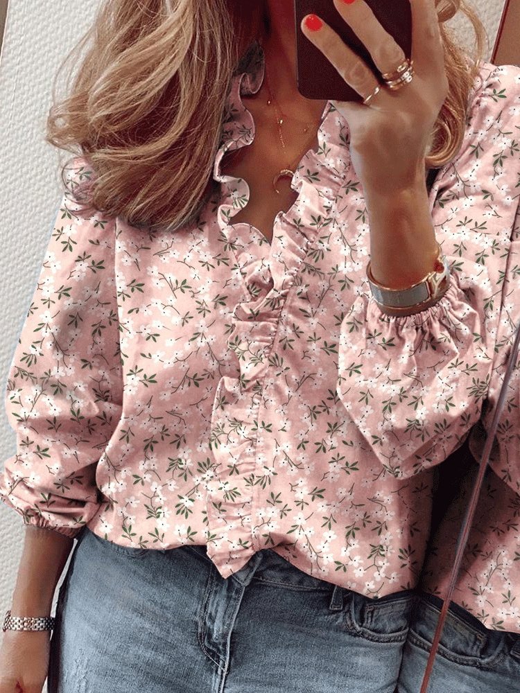 Women's Blouses Ruffle Print V-Neck Long Sleeve Blouse - LuckyFash™