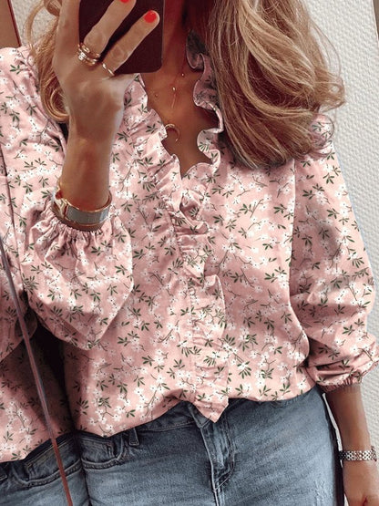 Women's Blouses Ruffle Print V-Neck Long Sleeve Blouse - LuckyFash™