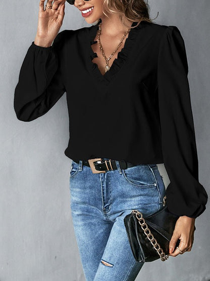 Blouses Ruffle V Neck Loose Long Sleeve Blouse - LuckyFash™