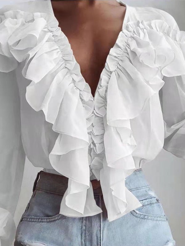 Women's Blouses Ruffled V-Neck Chiffon Long Sleeve Blouse - LuckyFash™