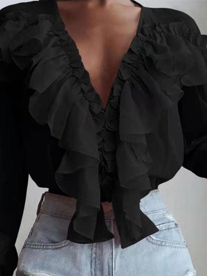 Women's Blouses Ruffled V-Neck Chiffon Long Sleeve Blouse - LuckyFash™