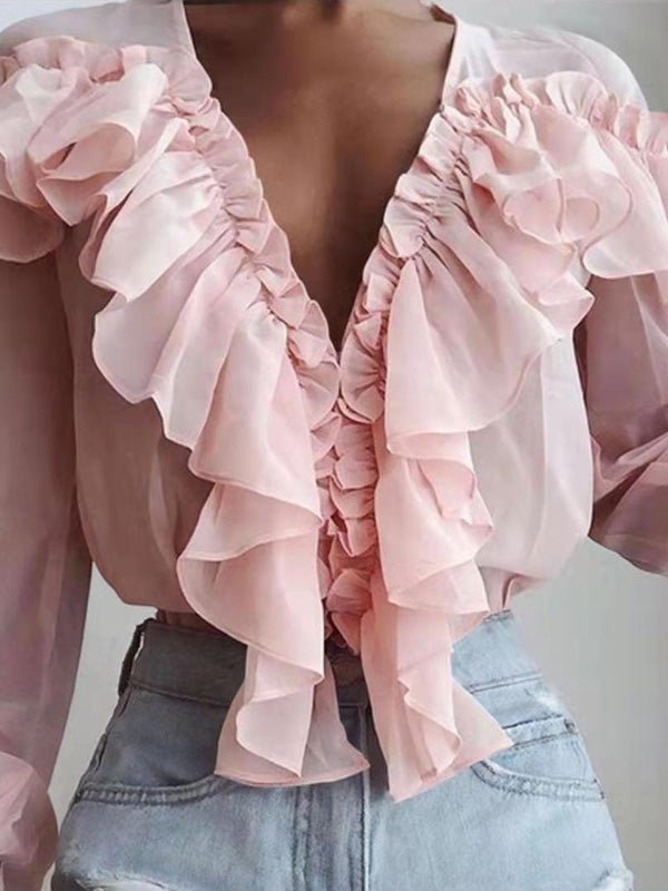 Women's Blouses Ruffled V-Neck Chiffon Long Sleeve Blouse - LuckyFash™