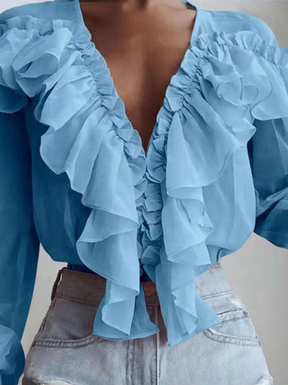 Women's Blouses Ruffled V-Neck Chiffon Long Sleeve Blouse - LuckyFash™