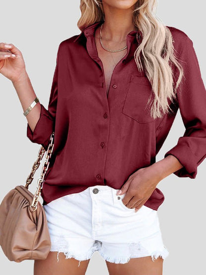 Women's Blouses Satin Lapel Button Long Sleeve Blouse - LuckyFash™